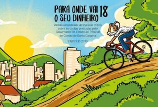 Banner vertical colorido. Ao fundo, ilustração de uma cidade, com morro, edifícios, árvores, pessoas, bicicleta, céu, nuvens e sol. Na parte superior, o texto Para onde vai o seu dinheiro 18, em fonte preta. 