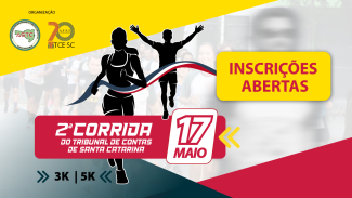 Banner horizontal com fundo em tons de amarelo, vermelho e cinza, com áreas diagonais que estruturam a composição visual. Ao centro, imagem desenhada de silhuetas de corredores, um homem e uma mulher. À direita, há um box amarelo com a chamada “Inscrições abertas”. Na parte inferior, aparece o texto “2ª Corrida do Tribunal de Contas de Santa Catarina”, acompanhado da data “17 de maio” em destaque e das distâncias da prova: 3 km e 5 km. No canto superior esquerdo, logos da ASTC e do TCE/SC. 