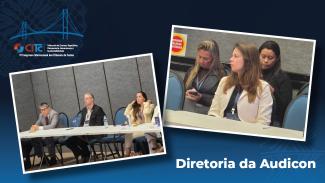 Banner horizontal com fundo azul-escuro e logo do CITC. Há duas fotos dispostas lado a lado que mostram os conselheiros substitutos Gerson Sicca e Sabrina Iocken, do TCE/SC, durante reunião. Eles estão sentados diante de mesas, no evento. No canto inferior direito, o texto "Diretoria da Audicon".