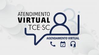 Banner em tom de cinza-claro com marcas d'água de círculos. Ao centro, destaca-se o logotipo do serviço, formado pelo nome Atendimento Virtual e a sigla TCE/SC, ambos em cor preta, e os ícones que representam um usuário e uma caixa de mensagem na cor azul-escuro. No canto inferior direito do logotipo, há o título Agendamento Virtual acompanhado dos ícones de telefone, de calendário e fone de ouvido, todos em tom de azul-escuro.
