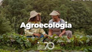 Imagem mostra duas mulheres ao centro. Elas estão agachadas e mexendo em uma lavoura. Ao centro, escrito em branco, há a palavra “agroecologia”. Abaixo dela, também centralizado e em branco, há a logomarca de 70 anos do TCE