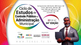 Banner horizontal com fundo colorido. Ao centro, há um círculo branco com destaque para o logo do Ciclo de Estudos de Controle Público da Administração Municipal, composto pelo nome, pelo número da edição, 24, e pelo logo do TCE/SC, ambos dentro de um símbolo de infinito colorido. Na parte superior, os nomes das cidades e as respectivas datas. Abaixo, o logo dos apoiadores e do organizador do evento. À direita, desenho de um homem negro mexendo em um notebook. 