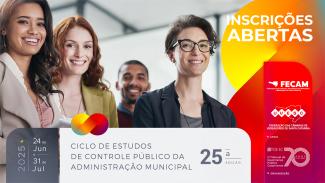 Banner horizontal com foto de quatro pessoas sorrindo. Ao redor da foto, elementos da identidade visual do Ciclo de Estudos. Na borda inferior, tarja com as informações “24 de junho a 31 de julho de 2025”, “Ciclo de Estudos de Controle Público da Administração Municipal. 25ª edição”, e o logo do Ciclo, composto pelo desenho do símbolo de infinito nas cores vermelho e amarelo, em degradê. À direita, superior, “Inscrições Abertas”, logos da Fecam, da Uvesc e do TCE/SC.    