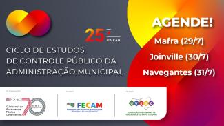 Banner horizontal com.  Elementos da identidade visual do Ciclo de Estudos. Na borda inferior, tarja com as informações “24 de junho a 31 de julho de 2025”, “Ciclo de Estudos de Controle Público da Administração Municipal. 25ª edição”. À direita, superior,  logos da Fecam, da Uvesc e do TCE/SC. 
