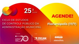 Banner horizontal, em fundo branco, elementos da identidade visual do Ciclo de Estudos. Na borda inferior, tarja com as informações “24 de junho a 31 de julho de 2025”, “Ciclo de Estudos de Controle Público da Administração Municipal. 25ª edição”, e o logo do Ciclo, composto pelo desenho do símbolo de infinito nas cores vermelho e amarelo, em degradê. À direita, superior, “Inscrições Abertas”, logos da Fecam, da Uvesc e do TCE/SC. 