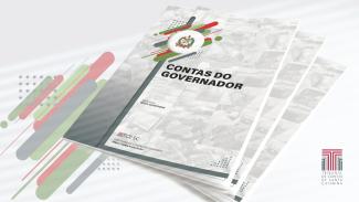 Imagem mostra ao centro três livros brancos, com o brasão de Santa Catarina no alto, à esquerda, com elementos gráficos em verde e vermelho. No centro da capa do livro há a expressão “Contas do Governador” À direita, no canto inferior, fica a logo do TCE/SC.
