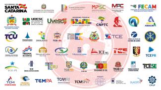 Banner horizontal com a imagem de diversos logotipos de instituições que mantém parceria com o TCE/SC, entre elas, órgãos dos Poderes Executivo, Legislativo e Judiciário, Ministério Público, Tribunais de Contas e entidades representativas. Ao centro, marca d’água formada por um cadeado vermelho. 