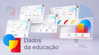 Banner vertical com a ilustração de quatro telas de computador, cada uma das quais exibindo gráficos e tabelas com detalhes nas cores vermelha, amarelo e azul No canto inferior direito um desenho em formato de um círculo, um semicírculo e um retângulo sobrepostos, nas mesmas cores citadas, e o texto “Dados da Educação”. 