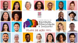 Banner horizontal com mosaico com fotos de várias pessoas, representando a diversidade. Ao centro, em fundo branco, logo do TCE/SC, logo do Comitê Técnico de Equidade, Diversidade de Inclusão, composto pelo título e pelo desenho de seis silhuetas coloridas, uma sobreposta à outra. Abaixo, o texto “Plano de Ação 2025”, em fonte vermelha. 