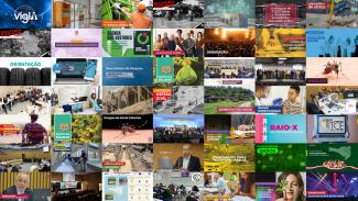 Banner horizontal composto por mosaico com 49 imagens retangulares que ilustram as ações promovidas pela gestão e descritas ao longo do texto. Entre elas, aparecem: o VigIA, o TCE Educação, a Agenda dos Gestores, o Laboratório de Obras, o Farol TCE/SC e a Caixa Solidária, por exemplo. As imagens que compõem o mosaico foram usadas nas capas das notícias que tratam dos respectivos assuntos, no Portal do TCE/SC. 