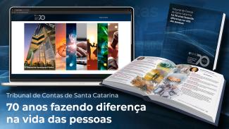 Imagem tem fundo azul escuto. Nela há imagens de um computador, com a tela mostrando uma série de abas verticais, à esquerda. À direita há a capa de um livro e esse mesmo livro aberto em primeiro plano.