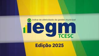 Banner horizontal com fundo nas cores verde, amarela e azul. Ao centro, em tarja branca com transparência, logo do IEGM, composto pela sigla, pelo nome por extenso, Índice de Efetividade da Gestão Municipal, e pela sigla TCE/SC, nas cores azul e verde. A letra i simula um gráfico de barras. Abaixo, o texto “Edição 2025”.
