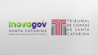 Banner horizontal com fundo branco, com linhas horizontais como marca d’água. Ao centro, o logo da Inovagov Santa Catarina, composto pelo nome, em fonte verde e roxa, e pelo subtítulo “Rede de Inovação do Setor Público”, e o logo do Tribunal de Contas de Santa Catarina, composto pelo nome e pela letra T formada por linhas horizontais e verticais cinza e vermelho. 
