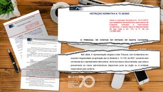 Banner horizontal com recortes de trechos da Instrução Normativa N. TC-38/2025. Em destaque, a ementa e o art. 24-A, que se refere à nova regra para representações. Os recortes estão dispostos sobre um fundo que simula uma mesa de madeira, com caneta e outros acessórios em cima. 