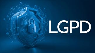 Banner horizontal em tons de azul. À esquerda o ícone de um cadeado e, à direita, a sigla LGPD, em fonte branca.