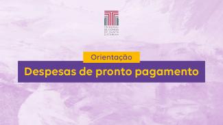 Banner horizontal com fundo em tons de lilás. Na parte superior, ao meio, o logo do TCE/SC. Ao centro, sobre retângulos amarelo e roxo, o texto “Orientação. Despesas de pronto pagamento”. 