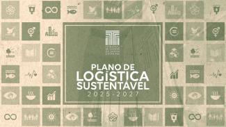 Banner horizontal com mosaico de quadrados em tons de verde, com ícones relacionados à sustentabilidade. Ao centro, em um retângulo verde maior, o logo do TCE/SC e o texto “Plano de Logística Sustentável 2025-2027", em fonte branca. O banner simula papel reciclado.