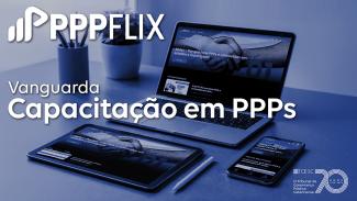 Banner horizontal com foto, em tons de azul, de um notebook, um tablet e um celular dispostos sobre uma mesa. Nas telas dos dispositivos, aparece a plataforma PPPFLIX. Sobre a foto, em fonte branca, o texto “PPPFLIX. Vanguarda. Capacitação em PPPs”. No canto inferior direito, selo comemorativo aos 70 anos do TCE/SC. 