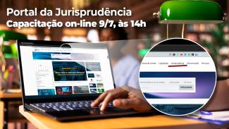 Banner horizontal que mostra uma pessoa utilizando um notebook sobre uma mesa, em um ambiente que lembra uma biblioteca, com o fundo desfocado. No canto superior esquerdo, aparece o texto: “Portal da Jurisprudência – Capacitação on-line 9/7, às 14h”. À direita, um destaque circular amplia a área do menu “Jurisprudência” no portal do TCE/SC, evidenciando o campo de pesquisa da ferramenta.