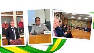 Banner com três fotos sobre fundo branco e faixa nas cores verde e amarela, na parte inferior. Na foto à esquerda, o vice-presidente Herneus De Nadal, em pé e com terno, atrás de uma cadeira e na frente de quadros. Na foto do centro, a servidora Juliana Francisconi, sentada. Na foto da direita, diversas pessoas sentadas, entre elas o coronel Casanova e o conselheiro Herneus, em volta de uma mesa retangular.