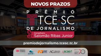 Imagem em fundo preto. Ao centro, está escrito Prêmio TCE de Jornalismo, com a expressão "novos prazos", logo acima, em letras brancas sobre fundo bordô.