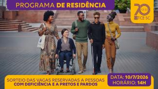 Banner horizontal com foto de cinco jovens lado a lado, enquanto conversam e sorriem. O grupo é formado por pessoas de diferentes perfis, incluindo uma mulher em cadeira de rodas e um homem utilizando bengala, representando diversidade e inclusão. Sobre a foto, em tarjas roxas e amarelas, aparecem os textos “Programa de Residência”, “Sorteio das vagas reservadas a pessoas com deficiência e a pretos e pardos” e as informações de data e horário: “10/7/2026, às 14h”. 
