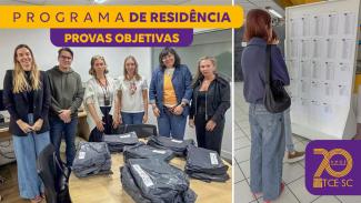 Banner horizontal dividido em duas fotos. A primeira mostra seis pessoas integrantes da comissão responsável pela seleção de residentes e do Instituto de Contas. Elas estão em pé, atrás de uma mesa redonda com diversos pacotes cinzas com as provas. A segunda foto mostra candidata conferindo local de prova em mural disponível. Sobre a foto, em tarjas amarela e roxa, o texto “Programa de Residência. Provas objetivas” e o logo comemorativo aos 70 anos do TCE/SC. 