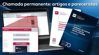 Banner horizontal com fundo azul, com o texto “Chamada permanente: artigos e pareceristas”. Abaixo, à esquerda, imagem de um notebook com print de tela do Sistema OJS. À direita, duas capas da RTCE/SC sobrepostas. As capas — uma com o fundo branco e outra, a de cima, com fundo em tons de azul — são compostas pelo título da revista e pelo logo do TCE/SC e da Fórum.  