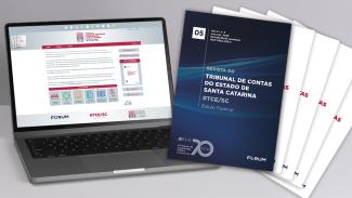 Banner horizontal com fundo cinza. À esquerda, imagem de um notebook com print de tela do Sistema OJS. À direita, há cinco capas da RTCE/SC sobrepostas. As capas são compostas pelo título da revista e pela logo do TCE/SC e da Fórum. Quatro delas têm fundo branco e uma, a de cima, tem fundo em tons de azul.