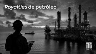 Imagem mostra em primeiro plano, à esquerda, um homem de capacete e vestindo um macacão alaranjado segurando uma planilha na mão. Ao fundo, ao centro, há um navio, e à direita, uma plataforma de petróleo