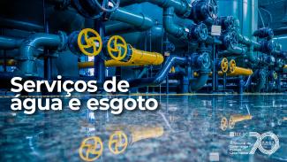 Imagem mostra canos, válvular e água de um sistema de abastecimento. Os tons são azulados. Em letras brancas, à esquerda, está escrito Serviços de água e esgoto.