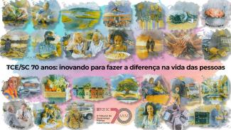 Banner horizontal com diversas imagens coloridas de políticas públicas. Ao centro, a frase "TCE/SC 70 anos: inovando para fazer diferença na vida das pessoas" 