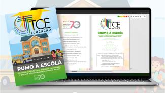 Imagem mostra a capa da cartilha “Rumo à Escola”, do TCE/SC, com ilustração de uma escola, ônibus escolar e crianças. Ao fundo, um notebook exibe a versão digital do material, que orienta sobre contratação e fiscalização do transporte escolar. 