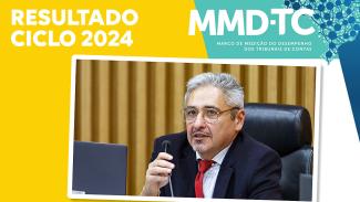 Banner horizontal com fundo nas cores amarela, verde-água, azul e branca. Ao centro, em formato retangular, foto do conselheiro Aderson Flores durante sessão plenária. Ele é um homem branco, de cabelos e barba grisalhos. Veste terno e gravata e fala ao microfone. Na borda superior, à esquerda, o texto “Resultado Ciclo 2024”, e, à direita, o logo do MMD-TC, composto pela sigla, pelo nome por extenso e pelo desenho do mapa do Brasil em verde água, com vários círculos azuis interligados. 