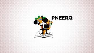 Sob um fundo em degrade na cor marrom claro nas bordas e branco ao centro, há a logo do PNEERG, que é formada por um desenho de um menino negro, sentado em uma cadeira, visto por trás. Ele está com o braço esquerdo levantado. A cadeira está sobre um livro aberto e ao fundo, por trás da carteira, há um mapa do Brasil formado por quadrados, onde aparece parte da bandeira nacional, uma pessoa, negra, livros, um mapa da África e uma ampulheta.