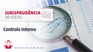 Banner de arte gráfica. Fundo branco, com imagem de lupa à direita sobre gráficos. A esquerda, em vermelho a palavra JURISPRIDÊNCIA. Abaxo, em cinza está escrito "do TCE/SC" e mais abaixo, também em cinza, "Controle Interno".