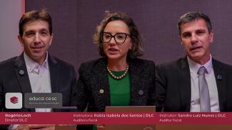 Banner com imagem dos servidores da Diretoria de Licitações e Contratações. Da esquerda para a direita: Rogério Loch, Rubia Isabela dos Santos e Sandro Luiz Nunes.