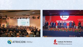 Banner horizontal com duas imagens. À esquerda, solenidade de posse da nova diretoria da Atricon, com a mesa de autoridades no palco e a plateia à frente. À direita, solenidade de posse do IRB, com a mesa de autoridades. Ao fundo, telão com logo do IRB. Abaixo, na borda inferior, logo das duas instituições (Atricon e IRB).   