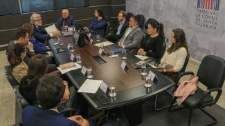 Banner horizontal com foto de várias pessoas reunidas em volta de uma mesa, em reunião. Entre os presentes, o conselheiro Luiz Eduardo Cherem, o coordenador da mesa de consensualismo, Ricardo Ribas, e a diretora-geral de Controle Externo adjunta, Monique Portella.