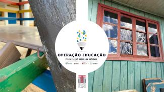 Imagem está dividida ao meio, com a logo da "Operação Educação" ao centro. À esquerda, a imagem de um prego em um brinquedo de jardim de infância. À direita, a imagem de uma janela onde os vidros foram substituídos por sacos pláticos