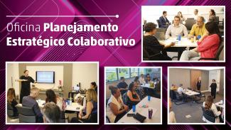 Banner horizontal em tons de roxo. Na parte superior esquerda, há o título “Oficina Planejamento Estratégico Colaborativo” em fonte branca. Na lateral direita e na parte inferior, há quatro imagens da oficina, que contêm pessoas sentadas, conversando e assistindo a apresentações