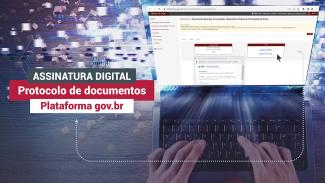 Banner horizontal com o texto “Assinatura digital”, “Protocolo de documentos” e “Plataforma gov.br”, no lado esquerdo, e com a imagem de um notebook, no lado direito, sobre um fundo em tons de azul e branco. 