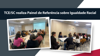 Card mostra, no centro, duas fotografias tiradas durante o Painel de Referência sobre Igualdade Social. Acima, na parte superior, está escrito, em letra de cor branca e fundo azul escuro: "TCE/SC realiza Painel de Referência sobre Igualdade Racial".