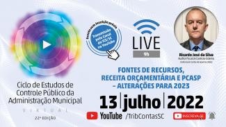 Live do 22º Ciclo de Estudos do TCE/SC apresenta mudanças na codificação das fontes de recursos e das receitas orçamentárias para o exercício de 2023 