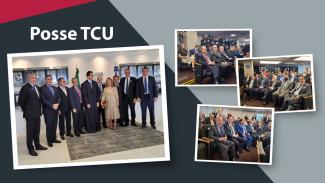 Sobre um banner com fundo em tons de cinza e bordô, o texto Posse TCU, em fonte branca, e quatro fotos de autoridades que participaram da posse. Na foto principal, 10 pessoas estão em pé, entre elas o ministro Bruno Dantas, o conselheiro Adircélio e uma mulher. 