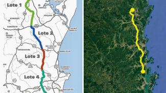 Banner mostra um mapa da localização, em Santa Catarina, de onde seria construída a rodovia 