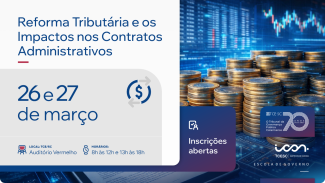 Banner horizontal dividido ao meio. À esquerda, sobre fundo claro, aparece o texto “Reforma Tributária e os Impactos nos Contratos Administrativos”. Abaixo, está a data “26 e 27 de março”, além de informações sobre o local “TCE/SC – Auditório Vermelho” e os horários “8h às 12h e 13h às 18h”. À direita, há uma imagem com pilhas de moedas sobre uma superfície digital, com gráficos financeiros ao fundo, representando economia e finanças. No canto inferior direito aparecem os logotipos do Icon e do TCE/SC. 