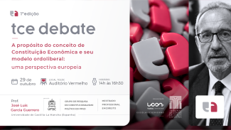Banner horizontal. À esquerda, em fundo branco, logo e informações do evento TCE Debate, com o tema “A propósito do conceito de Constituição Econômica e seu modelo ordoliberal: uma perspectiva europeia”. À direita, foto do palestrante, professor José Luís Guerrero, em preto e branca. É um homem de barba e cabelos grisalhos. Sobre a foto, logos do Icon e do TCE/SC.  