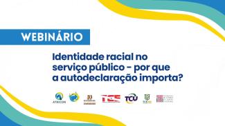 Banner horizontal, com fundo branco, nos cantos superior direito e inferior esquerdo três faixas em ondas nas cores azul, verde claro e amarelo. No alto, sob um fundo azul e letras brancas está escrito Webinário. Abaixo, em letras azuis, está escrito Identidade racial no serviço público - por que a autodeclaração importa?. Na parte inferior, as logos das instituições apoiadoras.. 