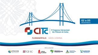Banner horizontal com fundo branco. Ao centro, desenho da ponte Hercílio Luz, na cor azul. Abaixo, logo do Congresso Internacional dos Tribunais de Contas, composto pelo nome por extenso e pela sigla, CITC. Ao lado, o texto "2 a 5 de dezembro". Abaixo, o texto "Florianópolis, Santa Catarina". Na borda inferior, logo dos realizadores do evento. Entre eles, o TCE/SC.